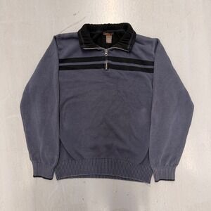 Dockers Mens XL Quarter Zip Sweater Blue Gray Striped Cotton Fleece Collar